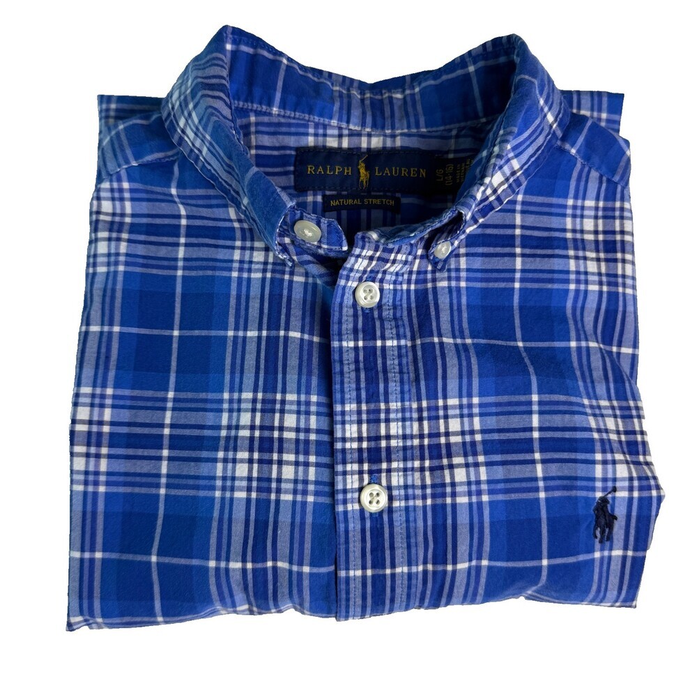 Ralph Lauren Boys Blue Plaid Short Sleeve Button Down Shirt Size L 14-16 Cotton